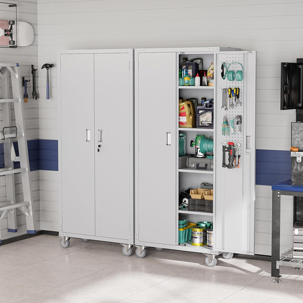 VINGLI 72'' Tall Garage Storage Cabinet, Metal Storage Cabinet with Pegboards, Wheels, Locking Doors and Adjustable Shelves (Gray, 32''W x 16''D x 72''H)
