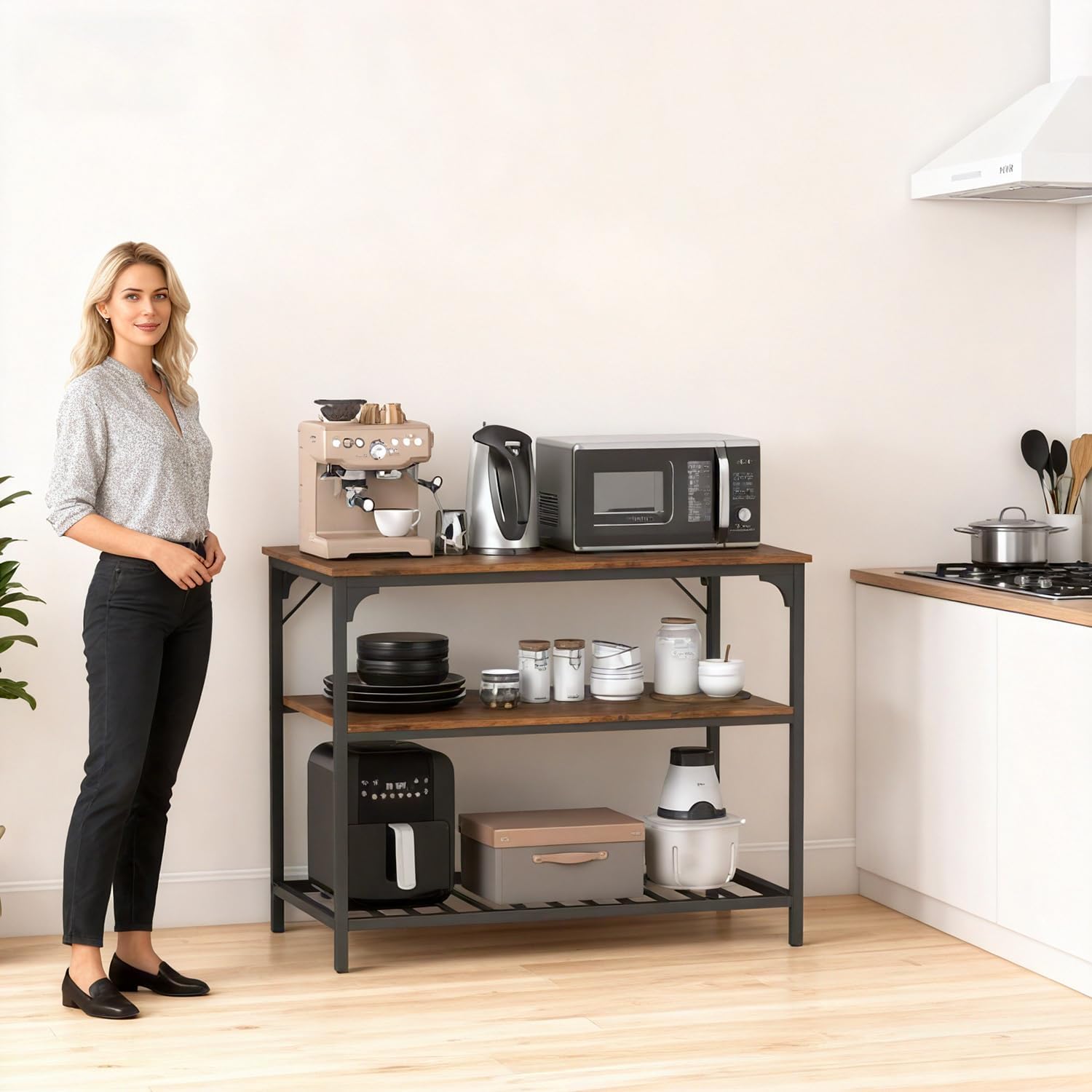 PayLessHere 3 Tiers Kitchen Island 47.2 Inches Width Storage Counter with Large Storage Space Thick Board Top Solid Structure Shelf for Home Kitchen Restaurant Cafe (Brown)