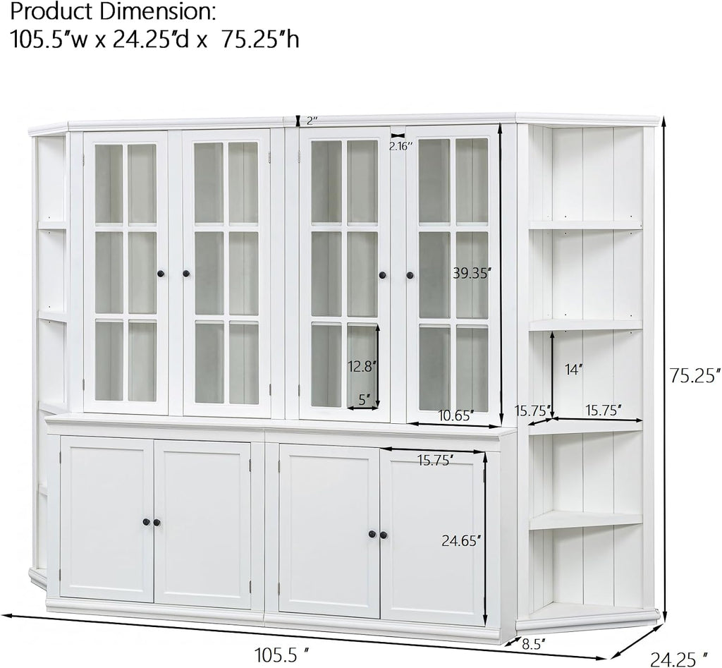 roomfitters 75.25'' Pantry Cabinets with Triangle Bookshelves, Retro Wall Storage Unit with Glass Doors for Living Room, White