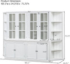 roomfitters 75.25'' Pantry Cabinets with Triangle Bookshelves, Retro Wall Storage Unit with Glass Doors for Living Room, White