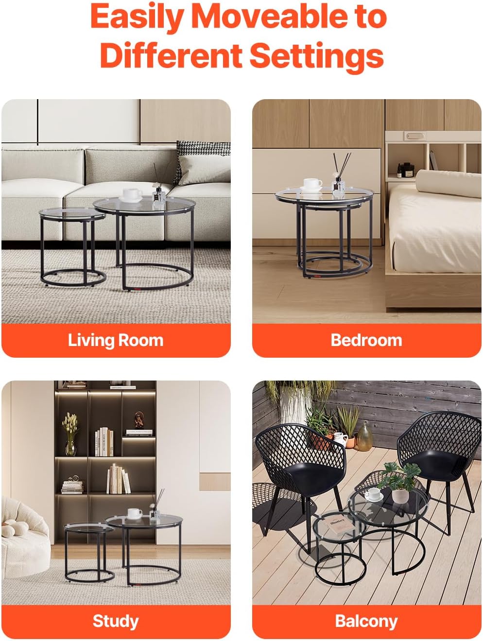 VEVOR Nesting Coffee Table Set of 2, 23.6 in Round Coffee Table, Glass Nestin...