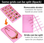 8 Pack Jewelry Organizer Tray, Stackable Velvet Jewelry Storage Box 18-grid Earring Holder Dresser Drawer Organizer for Earring Necklace Ring, Total 144 Grids