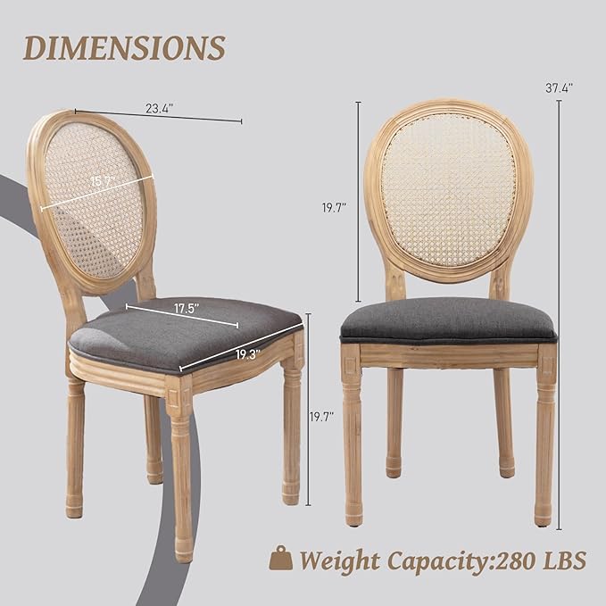 French Country Dining Chairs Set of 6,Farmhouse Upholstered Dining Room Chairs with Round Back and Solid Leg,Rattan Kitchen Chairs for Kitchen/Bedroom/Dining Room,Gray