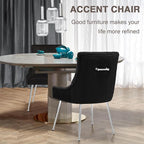 Modern Dining Chairs Set of 2 with Silver Metal Legs, Velvet Upholstered Kitchen Chair Pleated Back, Mid Century Accent Chair for Vanity, Living Room, Black