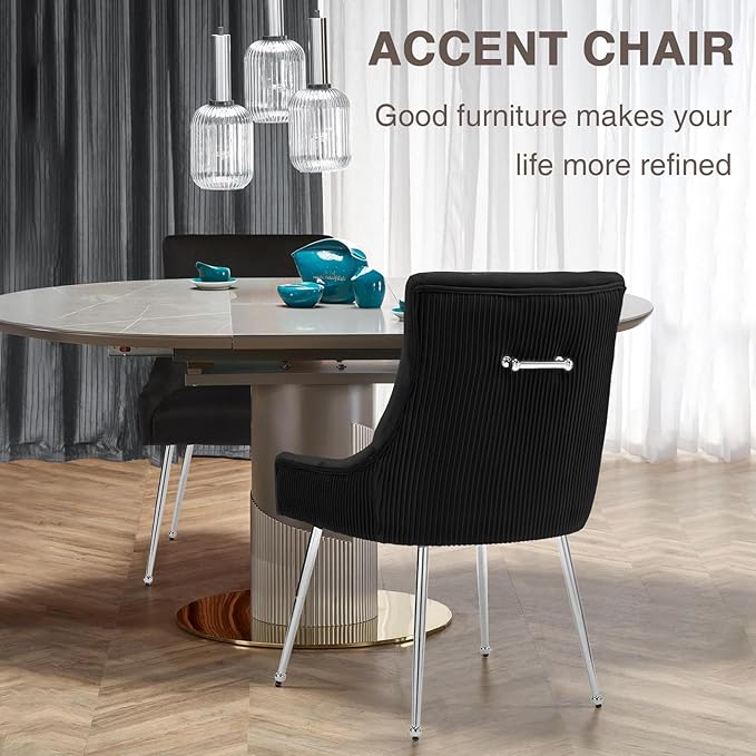 Modern Dining Chairs Set of 2 with Silver Metal Legs, Velvet Upholstered Kitchen Chair Pleated Back, Mid Century Accent Chair for Vanity, Living Room, Black