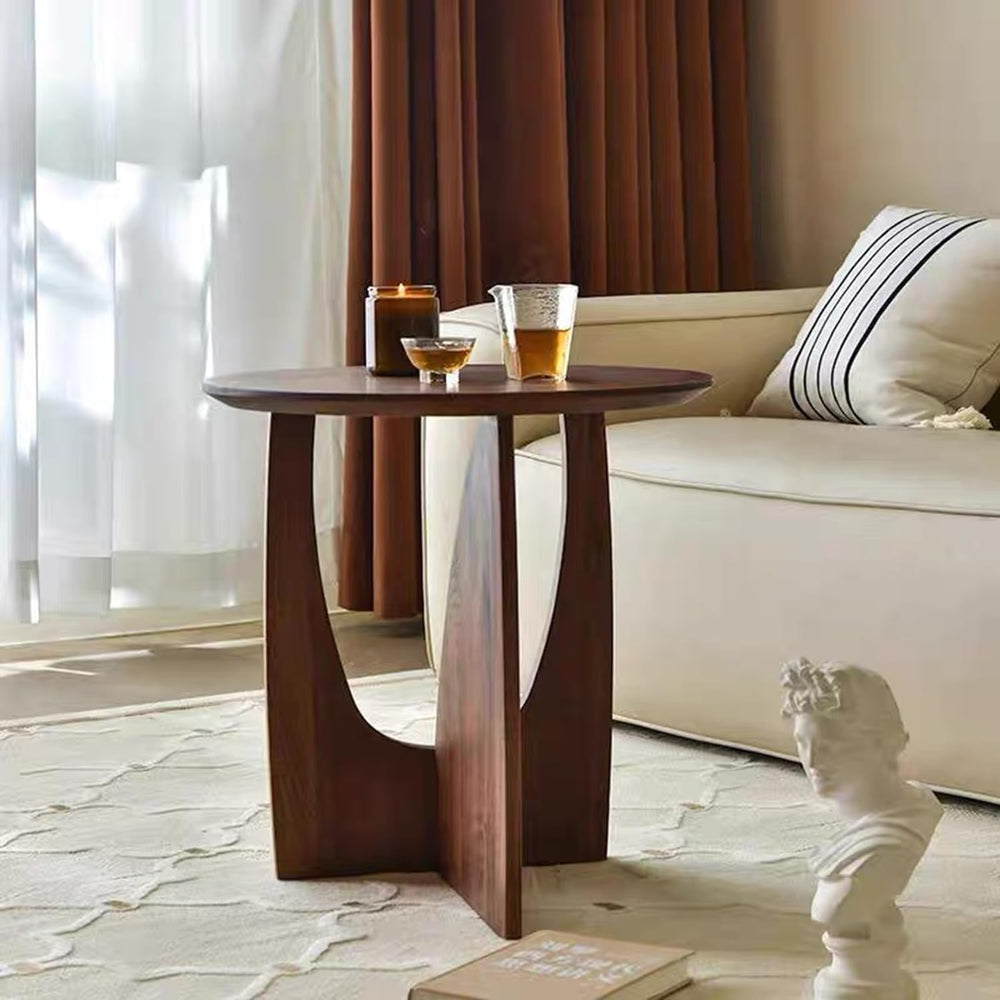 YUNMUAIR-Solid Wood Side Table Round End Table in Walnut Finish Wood Tabletop...