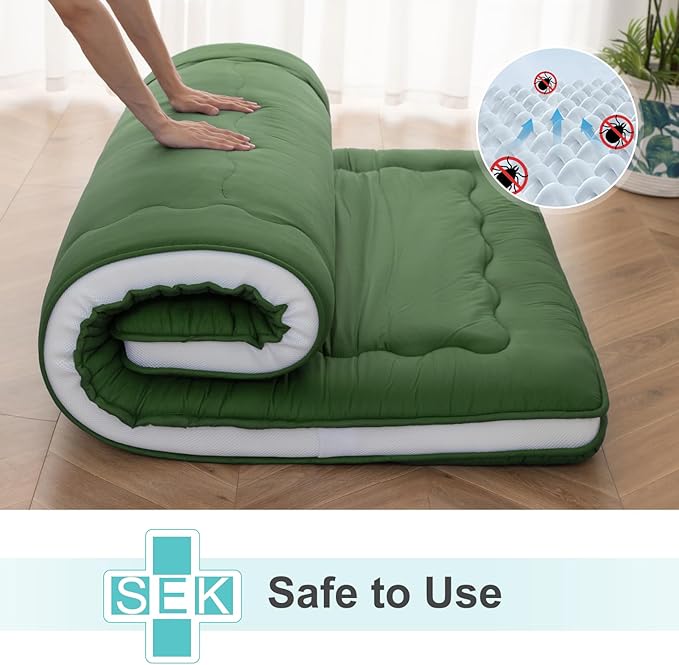 Japanese Floor Mattress, 4" Japanese Futon Mattress, Foldable & Portable Shiki Futon (shikibuton), Roll Up Thicken Sleeping Tatami Mat Sleeping Pad for Camping (Green, 54 x 80)