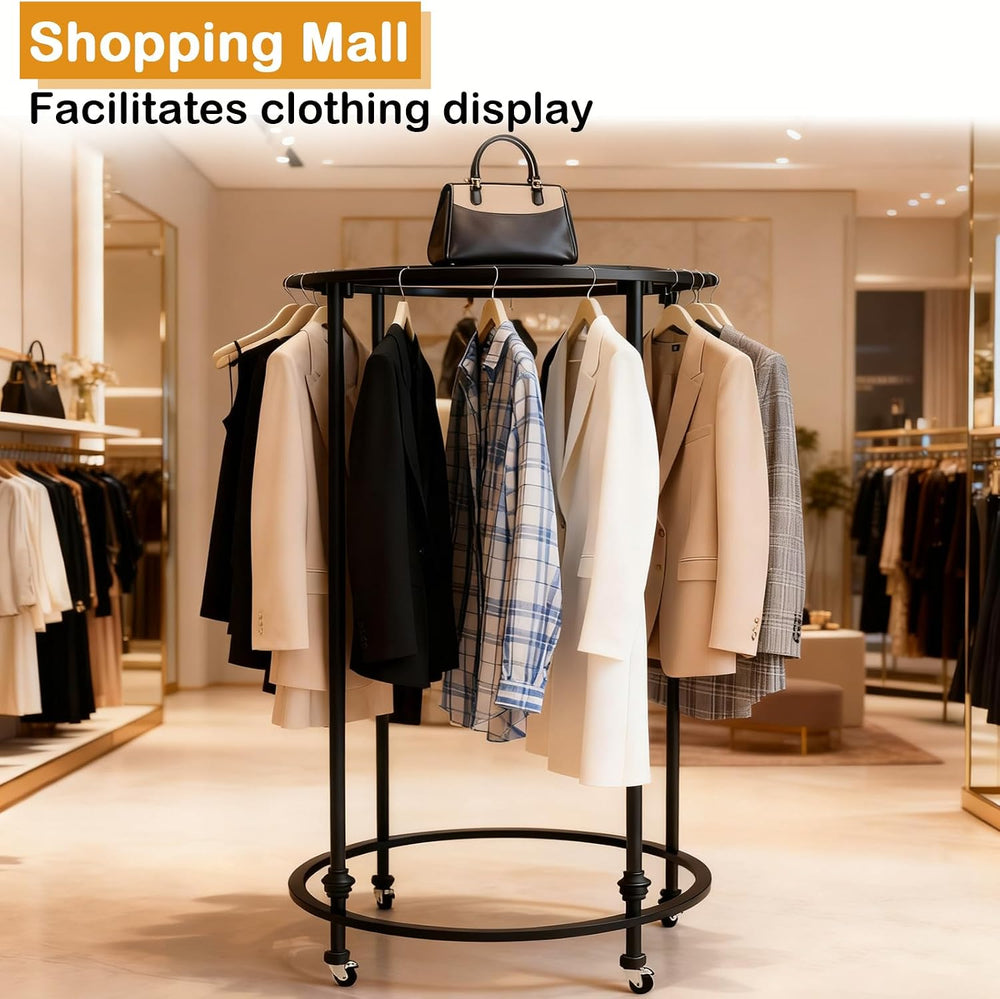 27.5x51in Round Garment Rack, Rolling with Topper, 360 Rotating, Black