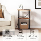 TUTOTAK Small Narrow Side Table with Charging Station, Skinny End Table for Small Spaces, Slim Nightstand with USB Ports and Outlet, Sofa Beside Table with Wheels, Brown TB01BB046