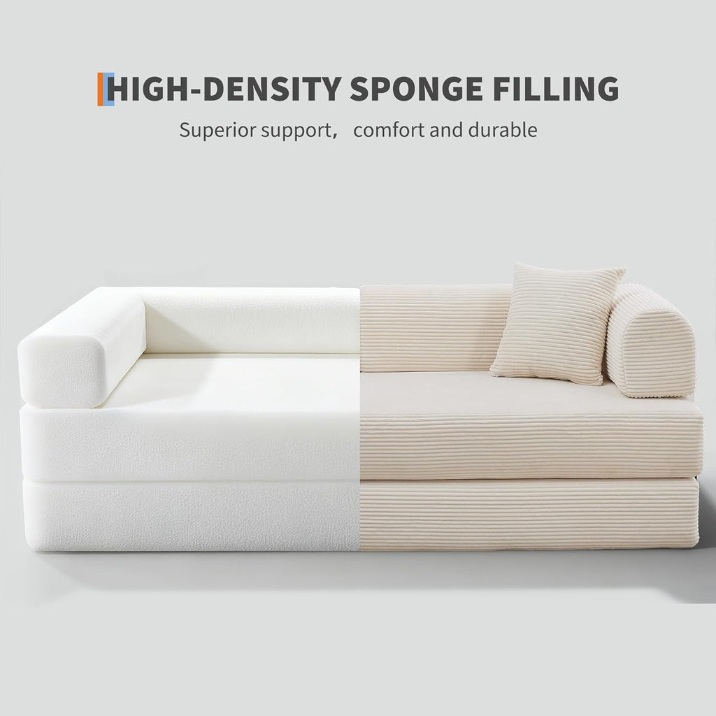GarveeHome 79" Convertible Sleeper Sofa Bed Couch, 4-in-1 Boneless Corduroy Folding Sofa Bed with Pillow & Fixed-Shape, Floor Mattress Couch Loveseat for Living Room Apartments - No Assembly, Beige