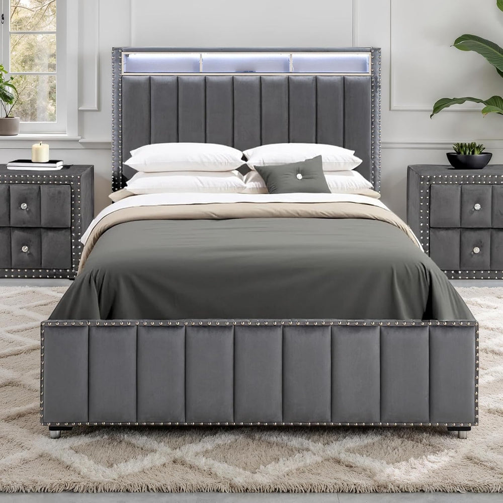 GOWE Bed Beautiful Dark Color 1pc Full Storage Shelve LED Channel Tufting | P...