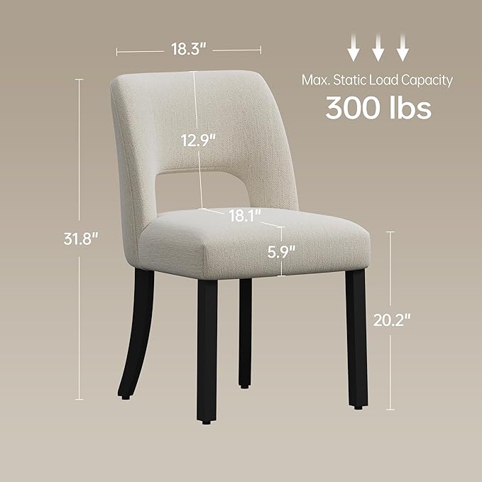 keoni Wooden Dining Chairs Set of 6, Mid Century Modern Upholstered Dining Room Chairs with Black Wood Legs, Fabric Farmhouse Kitchen Chairs with Foot Pegs for Dining Room, Beige