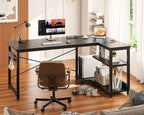 Casaottima L Shaped Computer Desk, 48 Inch Small Corner Desk with Storage Shelves & PC Stand, Reversible Gaming Desk for Bedroom, Modern Writing Study Table for Home Office, Black