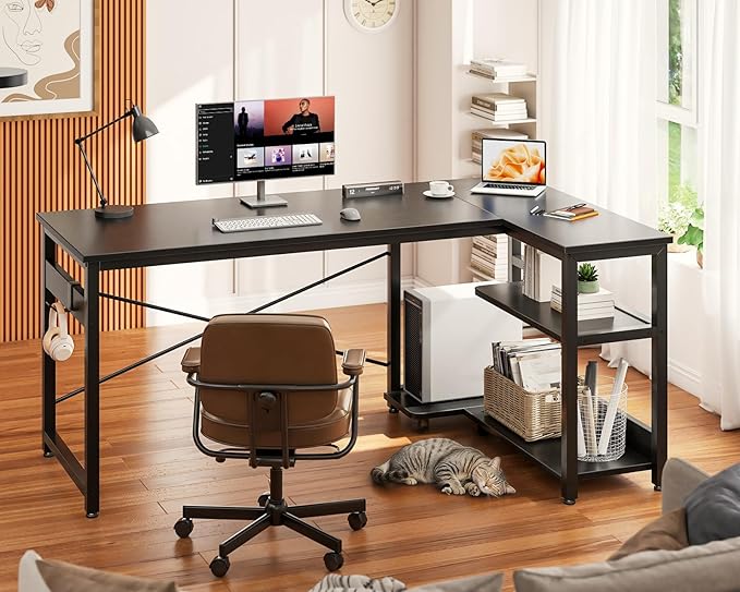 Casaottima L Shaped Computer Desk, 48 Inch Small Corner Desk with Storage Shelves & PC Stand, Reversible Gaming Desk for Bedroom, Modern Writing Study Table for Home Office, Black