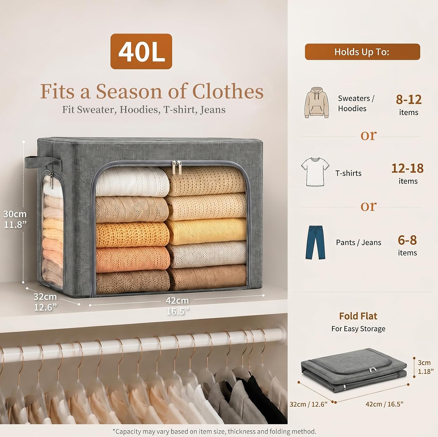 GoMaihe 3 Opening Clothes Storage Bins with Metal Frame 3 Pack 40L Grey | Sweaters Hoodies Towel T-Shirt, Closet Top Shelf Linen Closet Organizer, Stackable Collapse-Proof, Clear Window, Dual Access