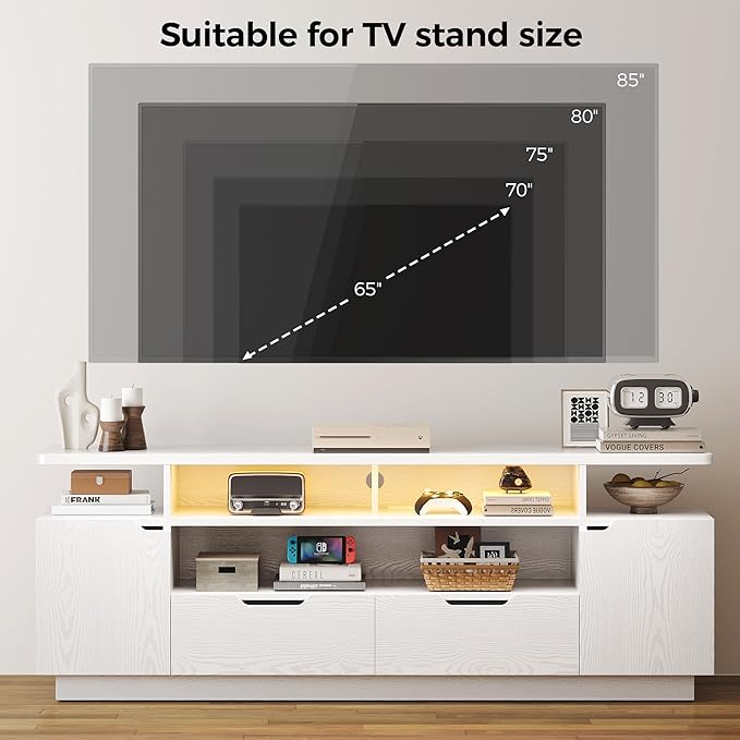 IRONCK TV Stand for TVs 85 inch with Power Outlet and LED Lights, Entertainment Center with Storage Cabinets, Media TV Console with Drawers, Modern TV Stand for Living Room, White