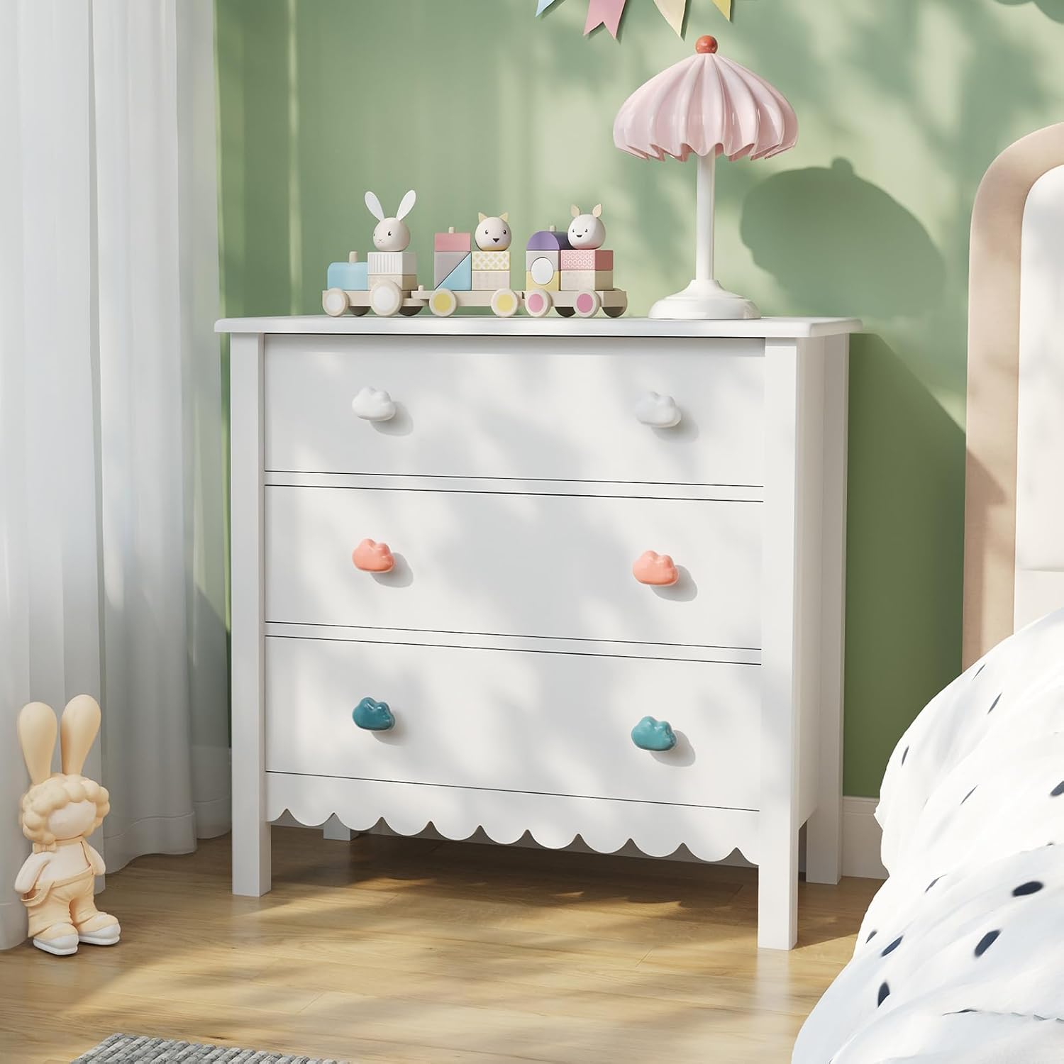 White 3 Drawer Dresser for Bedroom, 27” Scalloped Small Dresser for Girls | FUNKOCO Wooden Chest of Drawers for Hallway, Living Room, 3 Color Cloud Handles