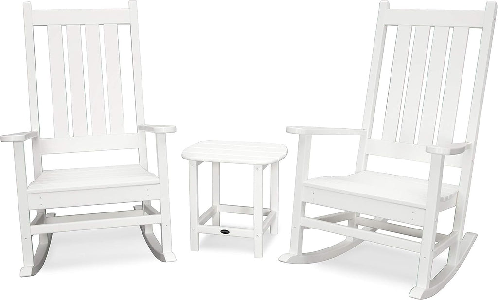 POLYWOOD Vineyard 3-Piece Rocking Chair Set White - Outdoor Patio Furniture Set with Side Table - Front Porch Rocking Chairs - Premium HDPE Lumber Construction - Classic American Style