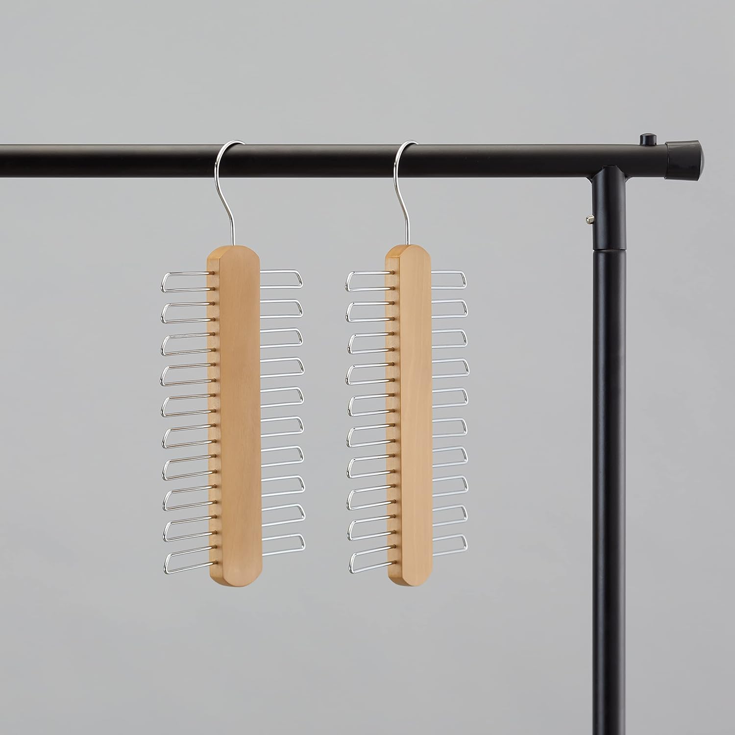 Amazon Basics 20 Bar Wooden Tie Hanger & Belt Rack, Closet Organizer, Natural, 2-Pack