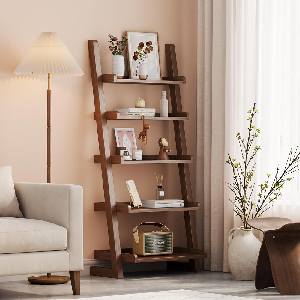 AQIMUELE Walnut Wooden Ladder Shelf with Edges, 5-Tier Modern Leaning Bookshe...