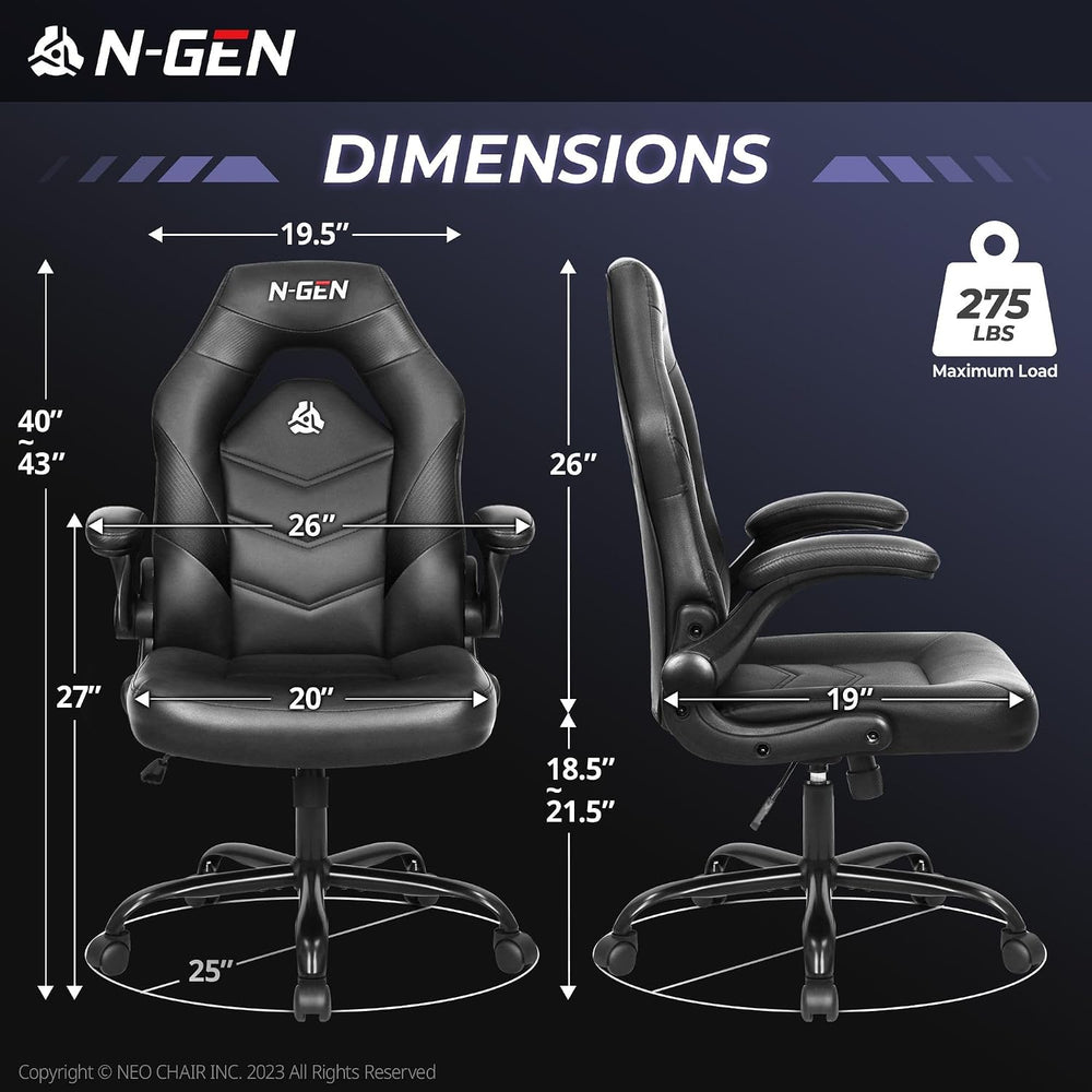 N-GEN Gaming Gaming Chair, Lumbar, PU Leather, Flip-Up Arms, Jet Black | Ergo...
