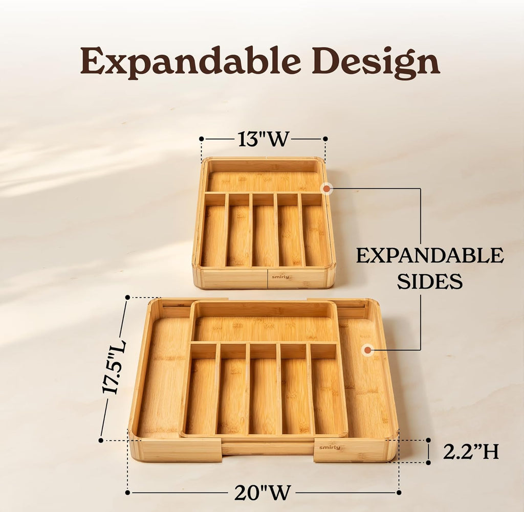 SMIRLY Silverware Drawer Organizer – Bamboo Kitchen Drawer Organizer, Adjustable Utensil Holder and Cutlery Tray, Drawer Dividers for Flatware and Kitchen Utensils