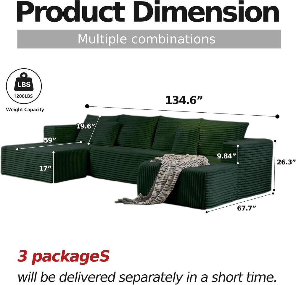 CHORRO134.6''Sectional Couch for Livingroom,Modular Corduroy Cloud Co...