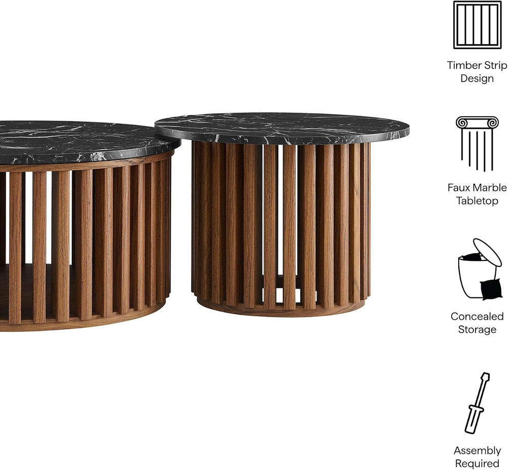 Modway Fortitude Round Faux Marble Wood Nesting Coffee Table Set in Walnut Bl...