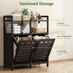 Homykic Tilt Out Laundry Hamper Cabinet, Bamboo Double Laundry Hamper with 2 Removable Laundry Baskets, 20 Gal Laundry Sorter Organizer with Shelf for Dirty Clothes, Bathroom, Laundry Room, Black