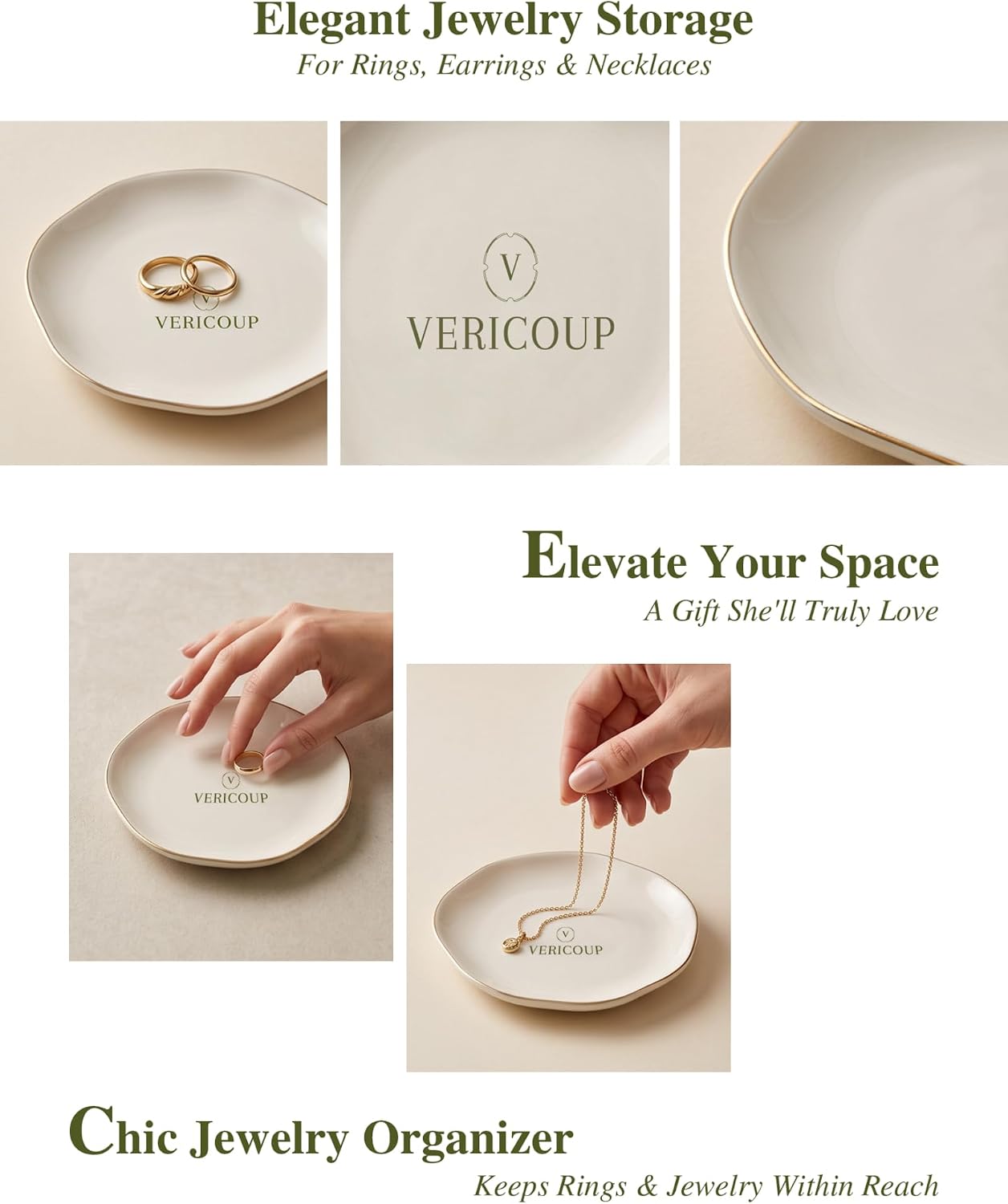 Ceramic Jewelry Dish | Cream White Ring & Earring Tray, 4.5 Inch Round Home Decor Gift for Bride, Engagement, Women