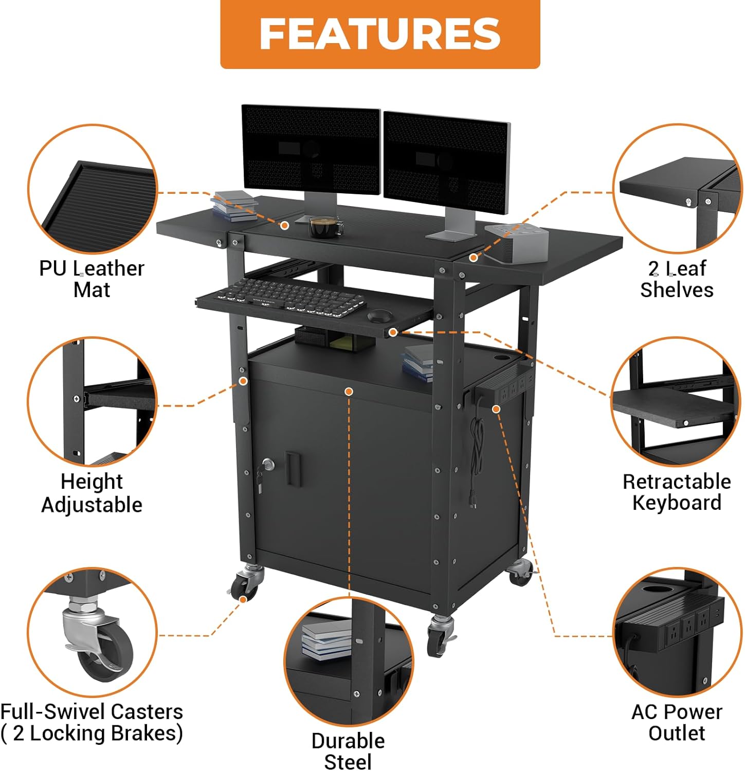 Mobile AV Cart with Pullout Keyboard Tray, Rolling Computer Cart Height Adjustable Rolling Media Utility Cart with Extra Storage Space, 4 Outlets, Perfect for Home or Office Use