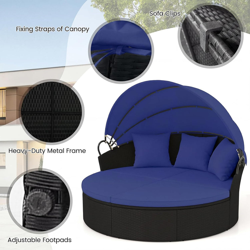 RELAX4LIFE Round Outdoor Daybed with Canopy - Wicker Sectional Sofa Sunbed w/...