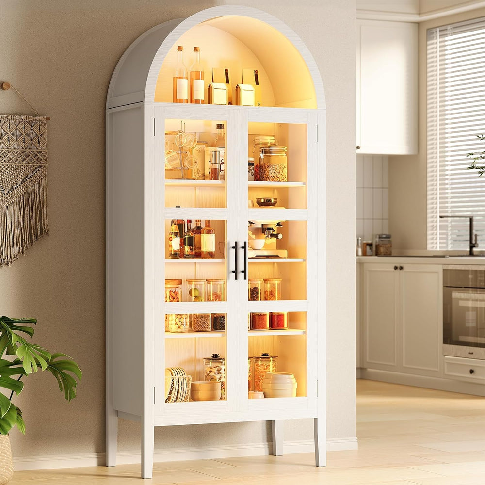 70" Tall Arched Pantry Cabinet with Tempered Glass Doors and LED Lightin...