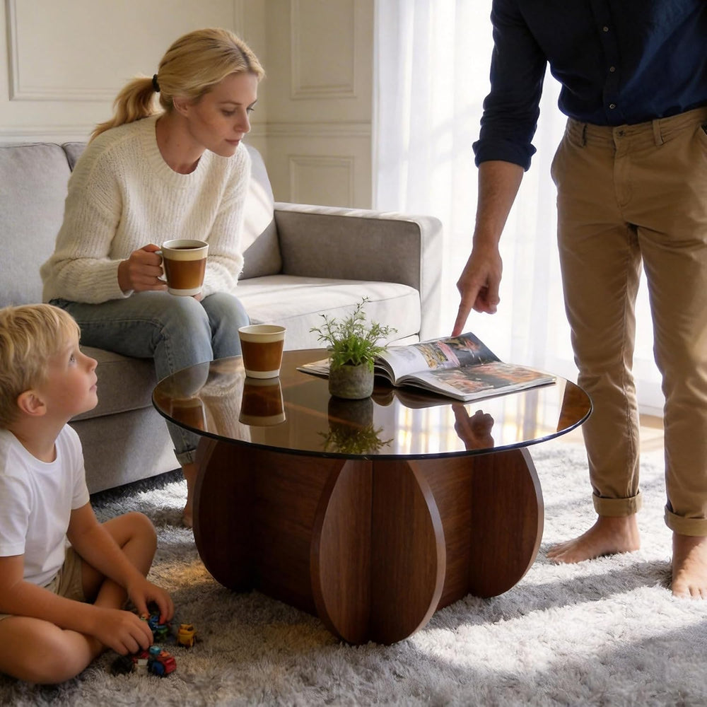 Modern Round Coffee Table with Solid Wood Legs,31.5'' Glass Coffee Ta...