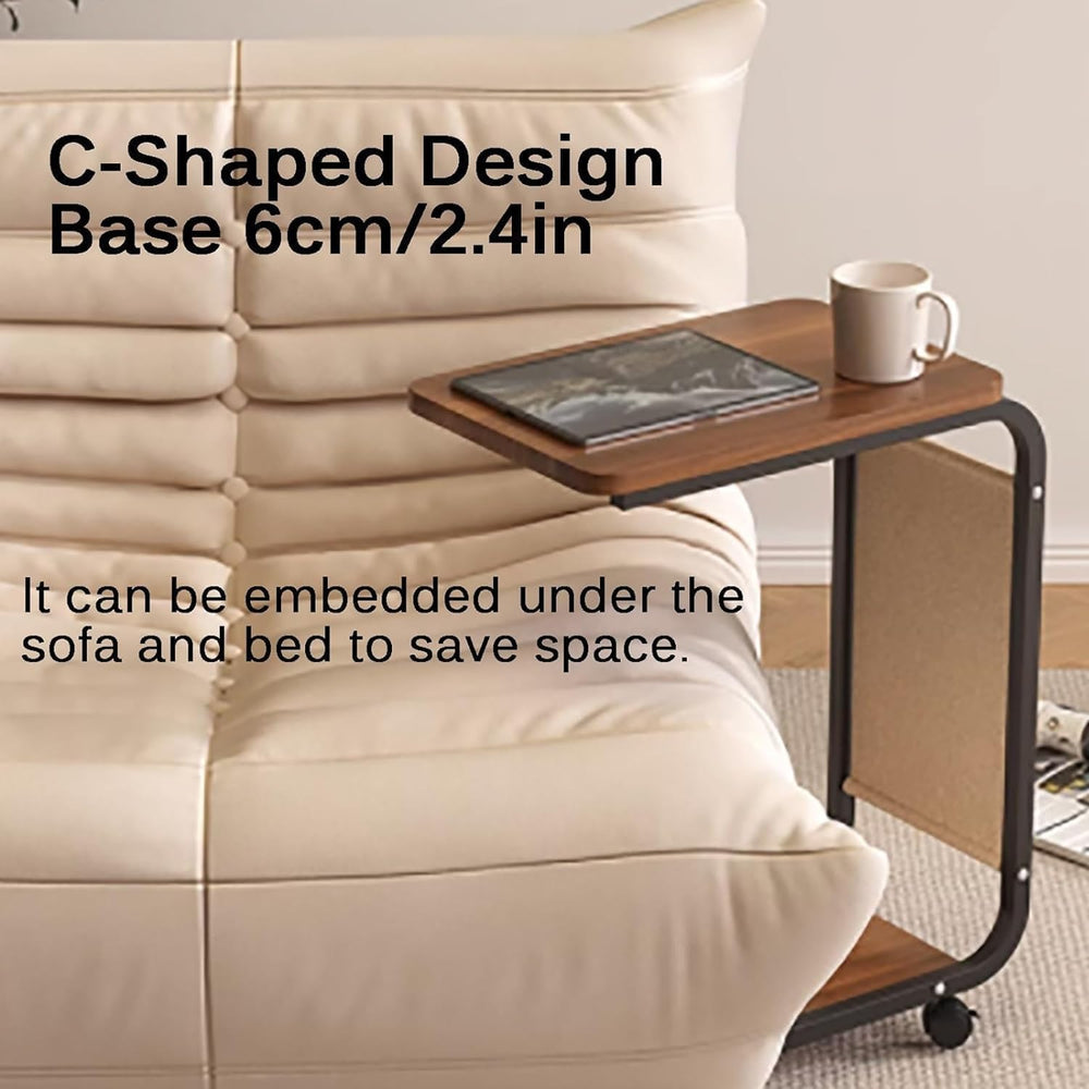 C Shaped End Table with 4 Wheels Side Table Portable Coffee Table Save Space ...