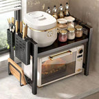 Extendable Microwave Oven Rack, 15.7~24.8" L Expandable Microwave Stand with Storage Shelf Heavy Duty with 6 Hooks and Chopsticks Cutting Board Holder for Kitchen Countertop