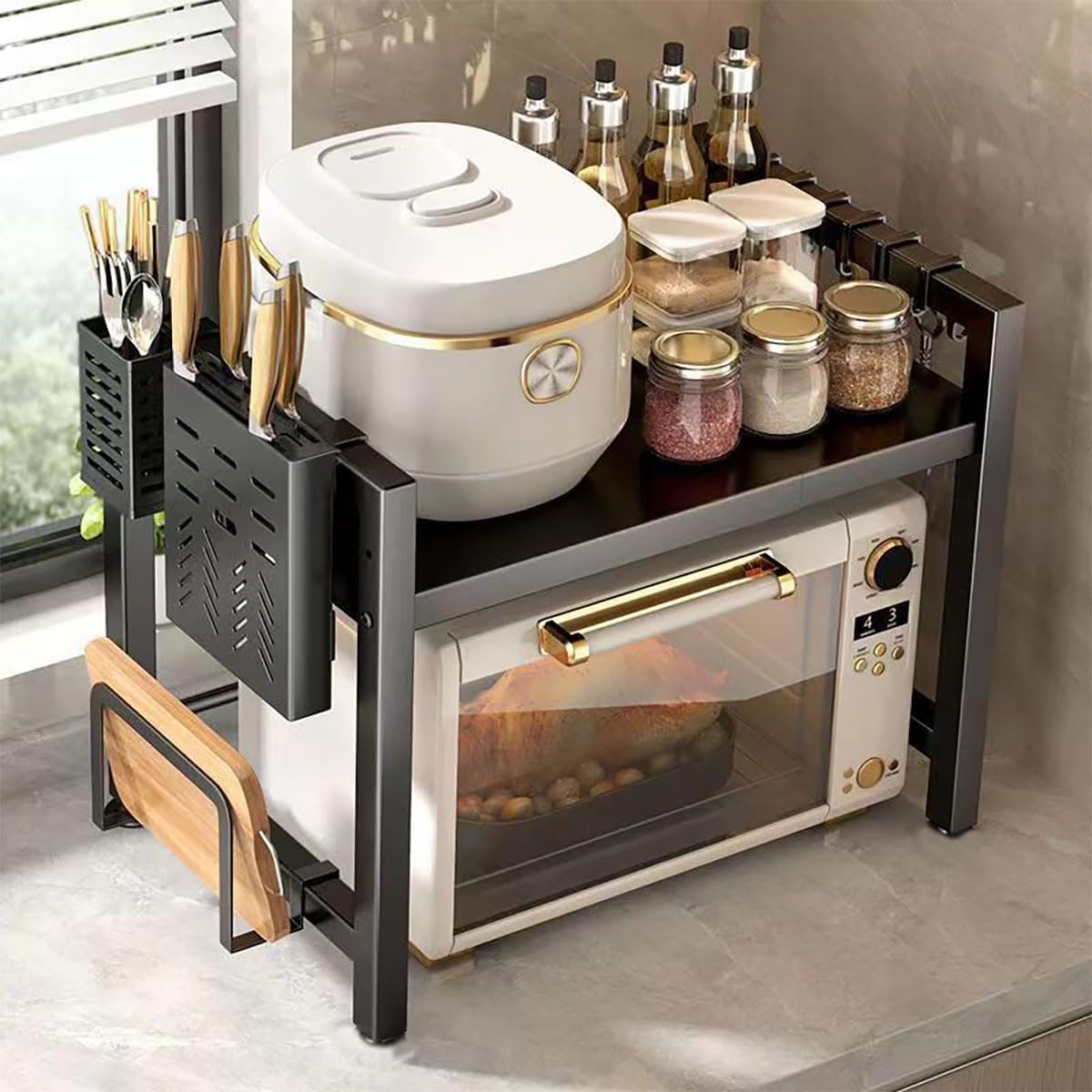 Extendable Microwave Oven Rack, 15.7~24.8" L Expandable Microwave Stand with Storage Shelf Heavy Duty with 6 Hooks and Chopsticks Cutting Board Holder for Kitchen Countertop