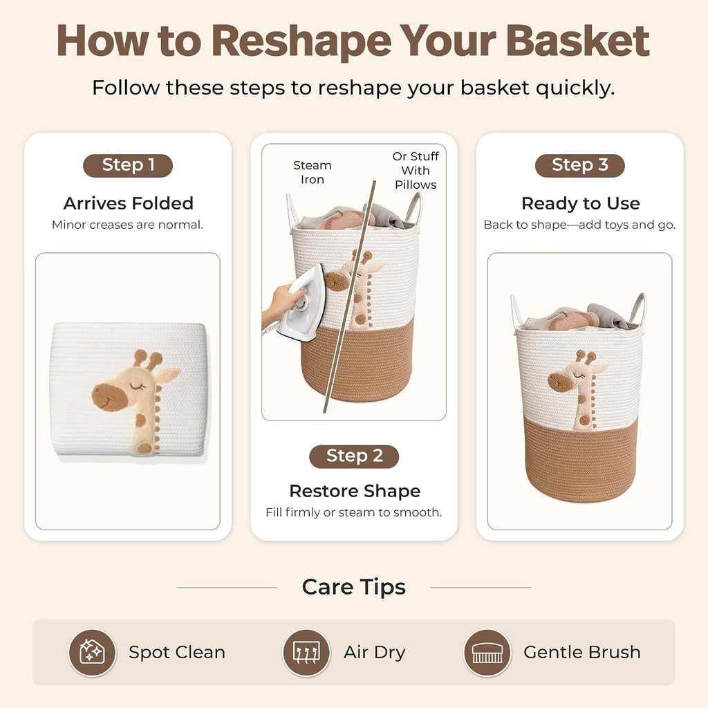Giraffe Baby Laundry Basket, Tall Woven Rope Nursery Hamper, 20x15 in | Baby Clothes Hamper, Blanket Basket, Toy Storage, Soft Felt Animal Patch, Safari Nursery Decor, Shower Gift, Kids Room