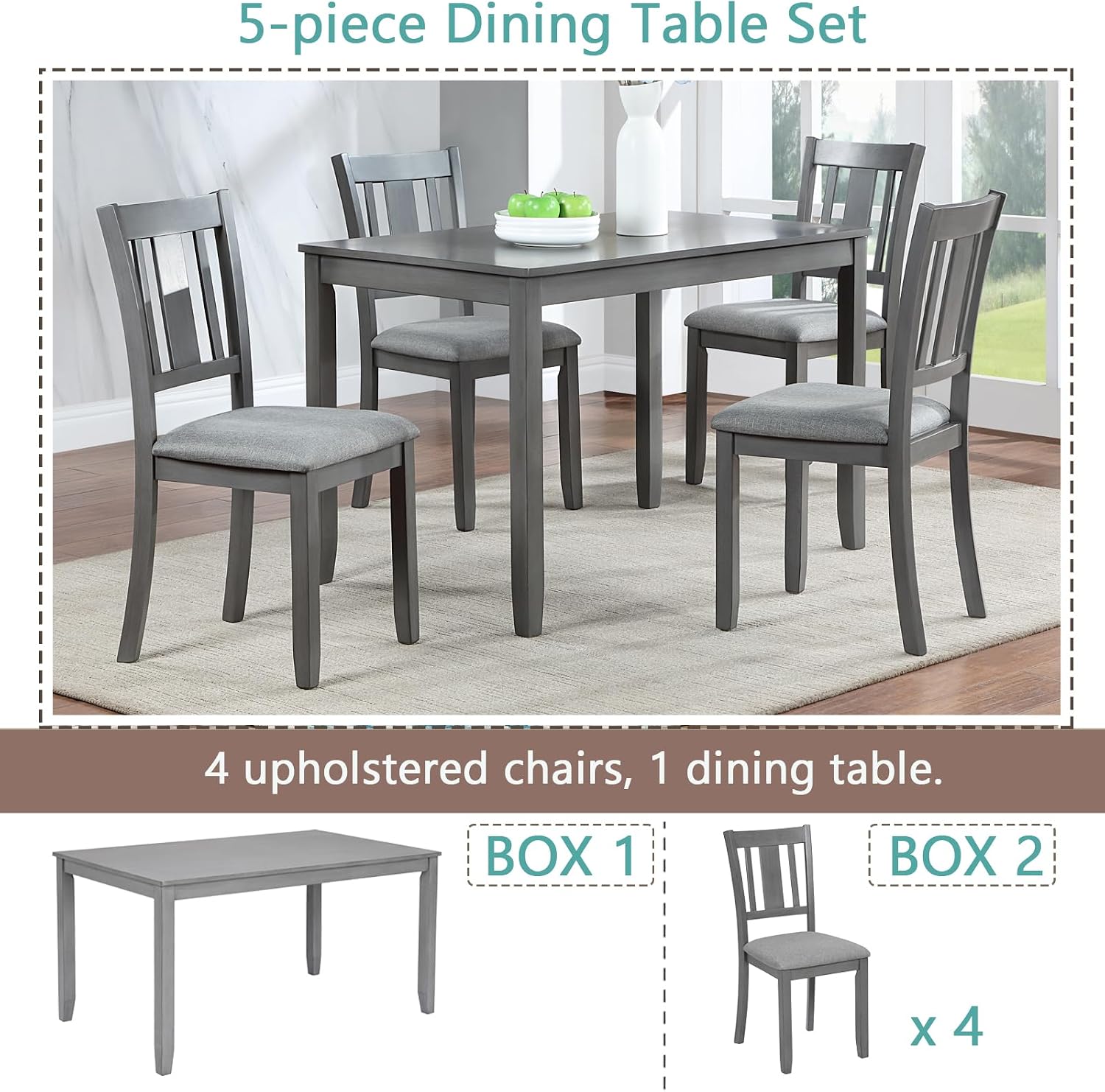 LUMISOL 5-Piece Modern Dining Set, Rectangular Wooden Kitchen Table with 4 Upholstered Chairs for Kitchen, Dining Room, Living Room, Grey