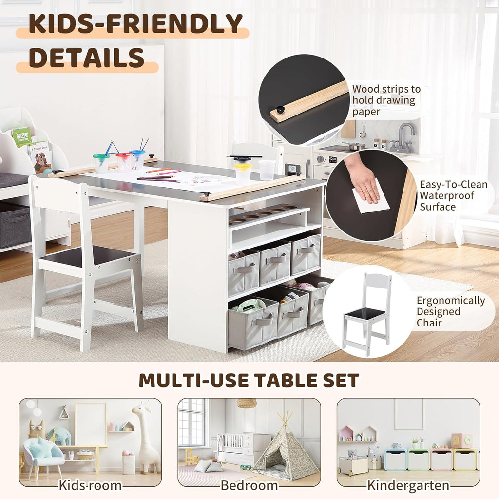 4-in-1 Kids Art Table and 2 Chairs Set, Wooden Activity Desk with Storage Bins, Art Easel, Drawing & Study Table for Toddlers, Multi-Functional Children’s Furniture for Home, Playroom, Black