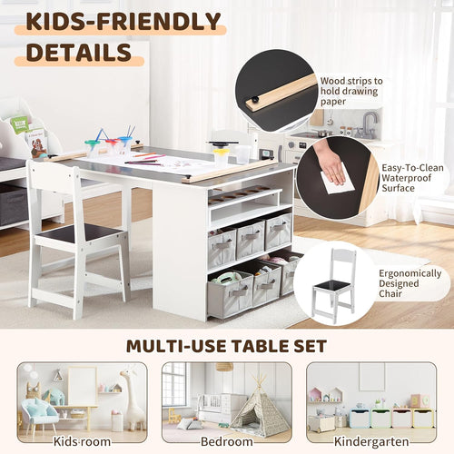4-in-1 Kids Art Table and 2 Chairs Set, Wooden Activity Desk with Storage Bins, Art Easel, Drawing & Study Table for Toddlers, Multi-Functional Children’s Furniture for Home, Playroom, Black