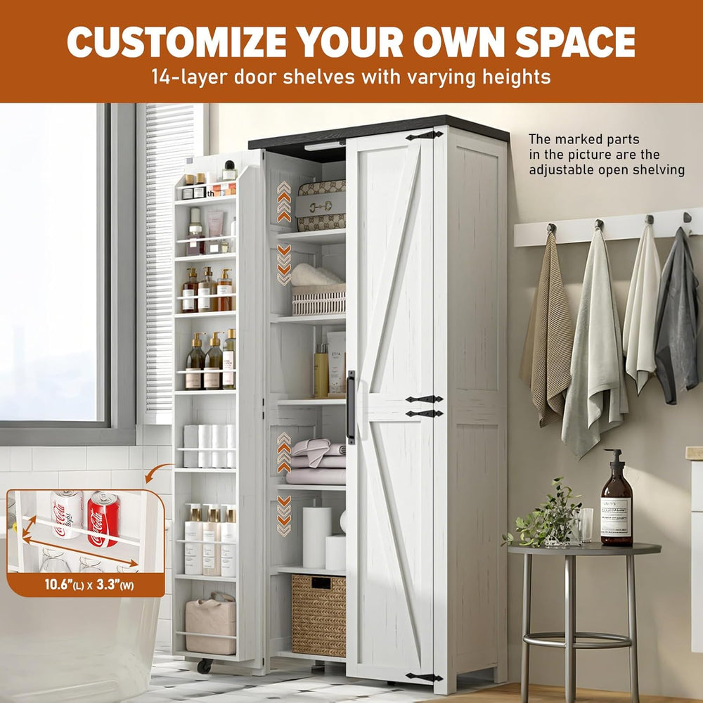 Food Pantry Storage Cabinet with Led Light, 71" Tall Farmhouse Kitchen P...