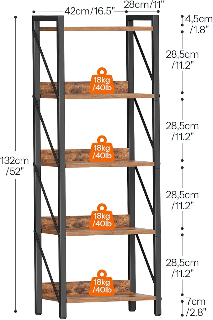 HOOBRO Bookshelf, 5-Tier Industrial Bookcase, Book Shelf Storage Organizer, T...