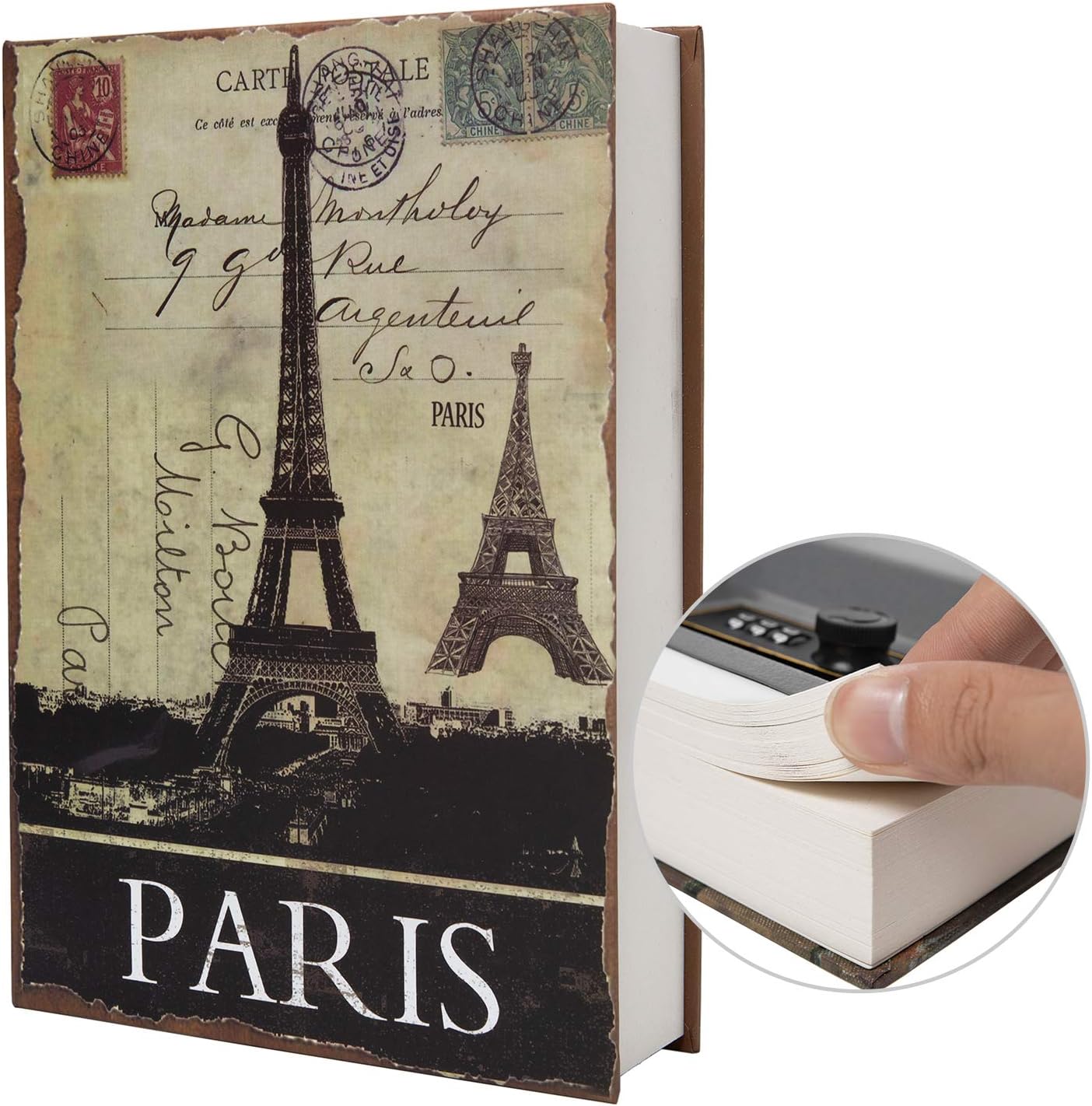 Real Paper Transfer Book Safe, Hollow with Secret Hidden Compartment, Combination Lock, 8.7"×6"×2" (Paris-Combination)