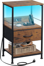 WLIVE Night Stand with Charger Station, LED Nightstand with Adjustable Fabric Drawer, 3-Tier Storage Bedside Table, Small End Side Tables for Bedroom, Rustic Brown