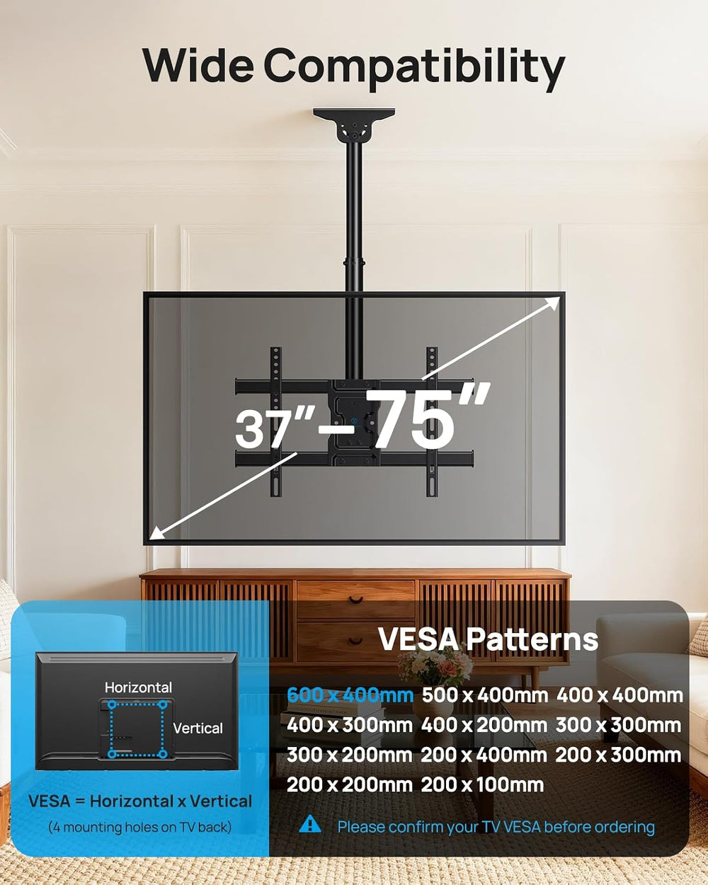 PERLESMITH Ceiling TV Mount for 37–75 inch TVs up to 110 lbs | 6 adjustable h...