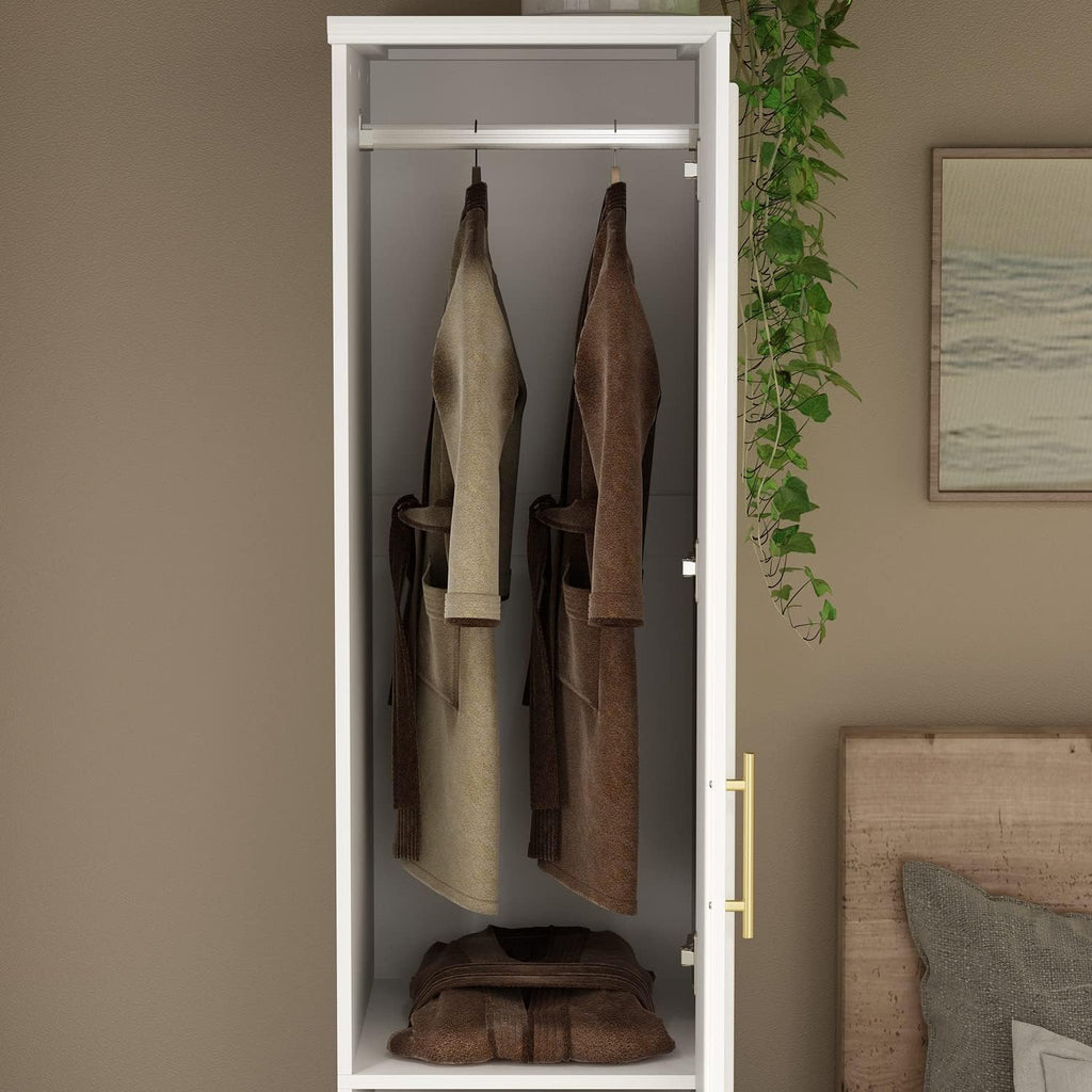 ECACAD White Slim Wardrobe Armoire with 2 Doors, 3-Tier Shelves & Hanging Rod, Wooden Closet Storage Cabinet for Bedroom (15.7”W x 19.3”D x 74.8”H)
