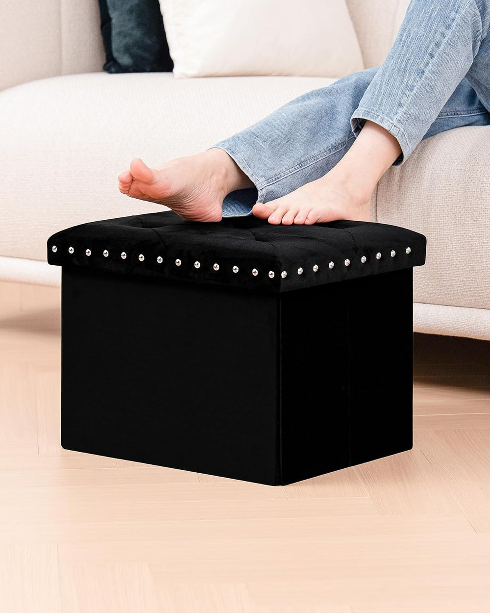 B FSOBEIIALEO Storage Ottoman Cube, 16.5" Velvet Folding Ottoman, Black ...