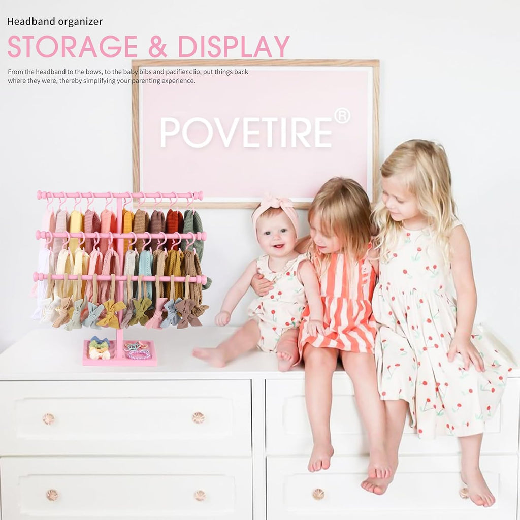POVETIRE Headband Holder Stand Storage for Baby, 3 Tier Wooden Bow Organizer for Girls Hair Bows, Infant Hair Accessories Rack Display for Nursery Decor