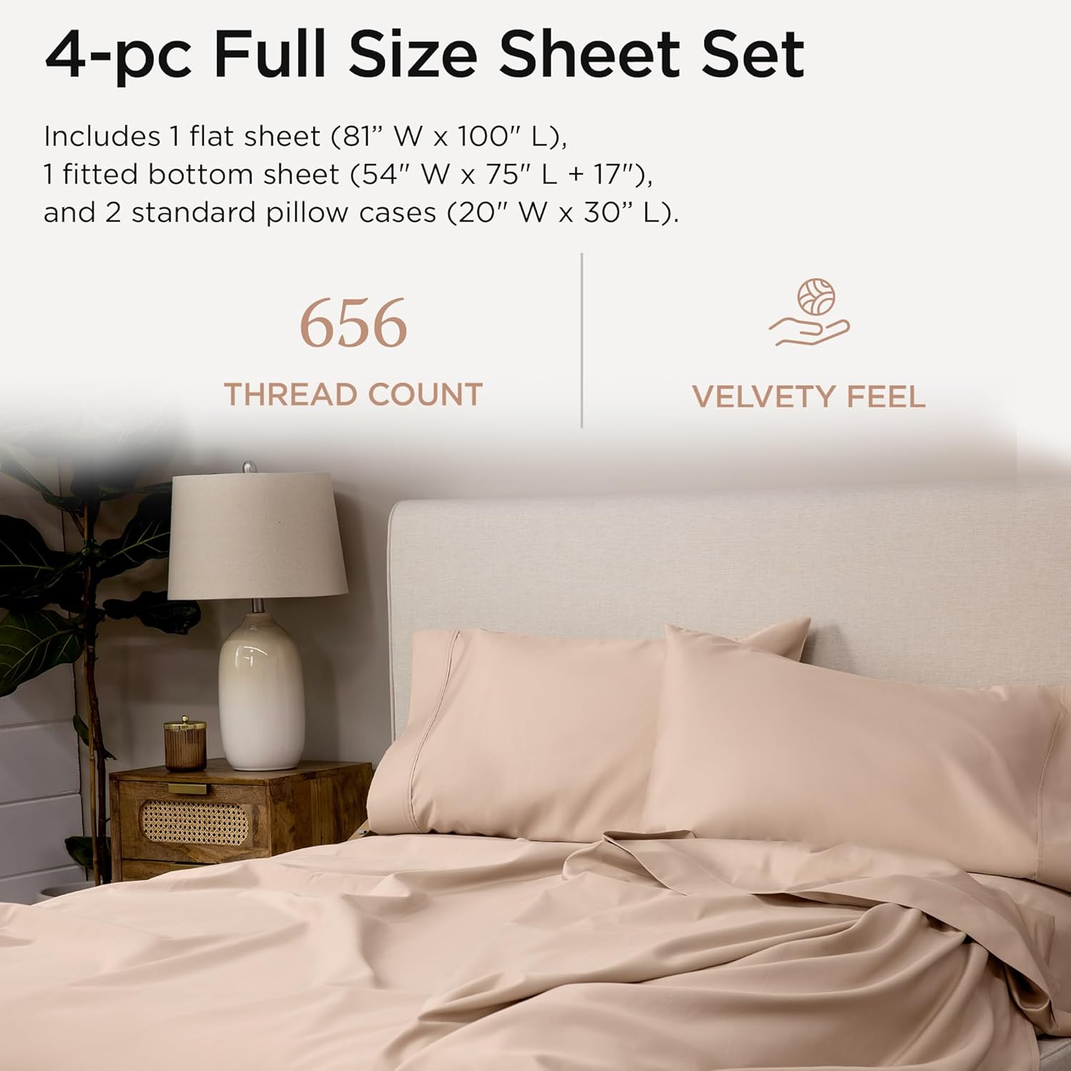 Threadmill Luxury Full Size Sheets | 656 Thread Count Certified Supima Cotton Sheets for Full Size Mattress | 5-Star Hotel Quality 4 Piece Bed Sheets with Extra Deep Pocket |Beige Sheet